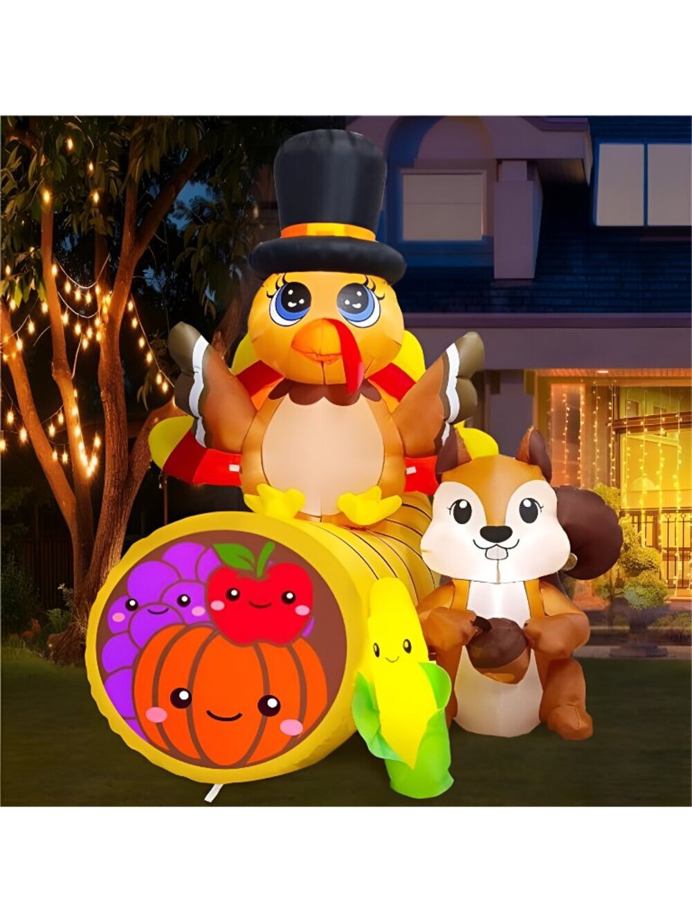 6FT Tall Thanksgiving Inflatables Turkey Decor with Squirrel Corn